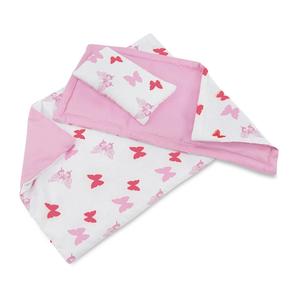 18 Inch Doll Bed with Matching Doll PJs Pajamas and 3 Piece Reversible Doll Bedding Set K923728