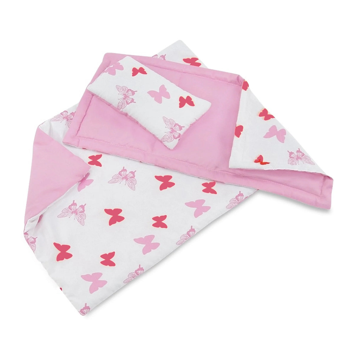 18 Inch Doll Bed with Matching Doll PJs Pajamas and 3 Piece Reversible Doll Bedding Set K923728