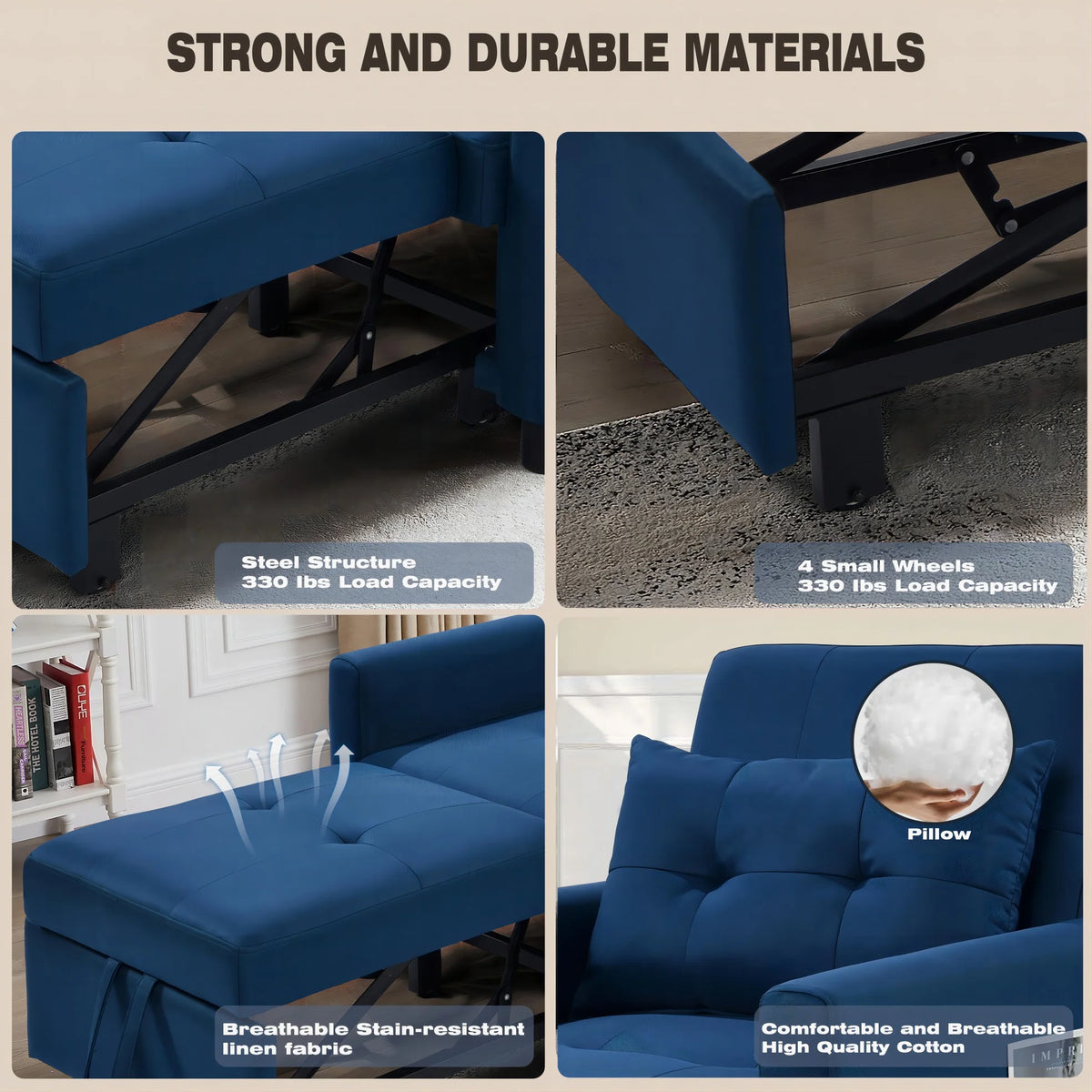 Blue Convertible Single Sofa Bed with Pull Out Sleeper Y244688