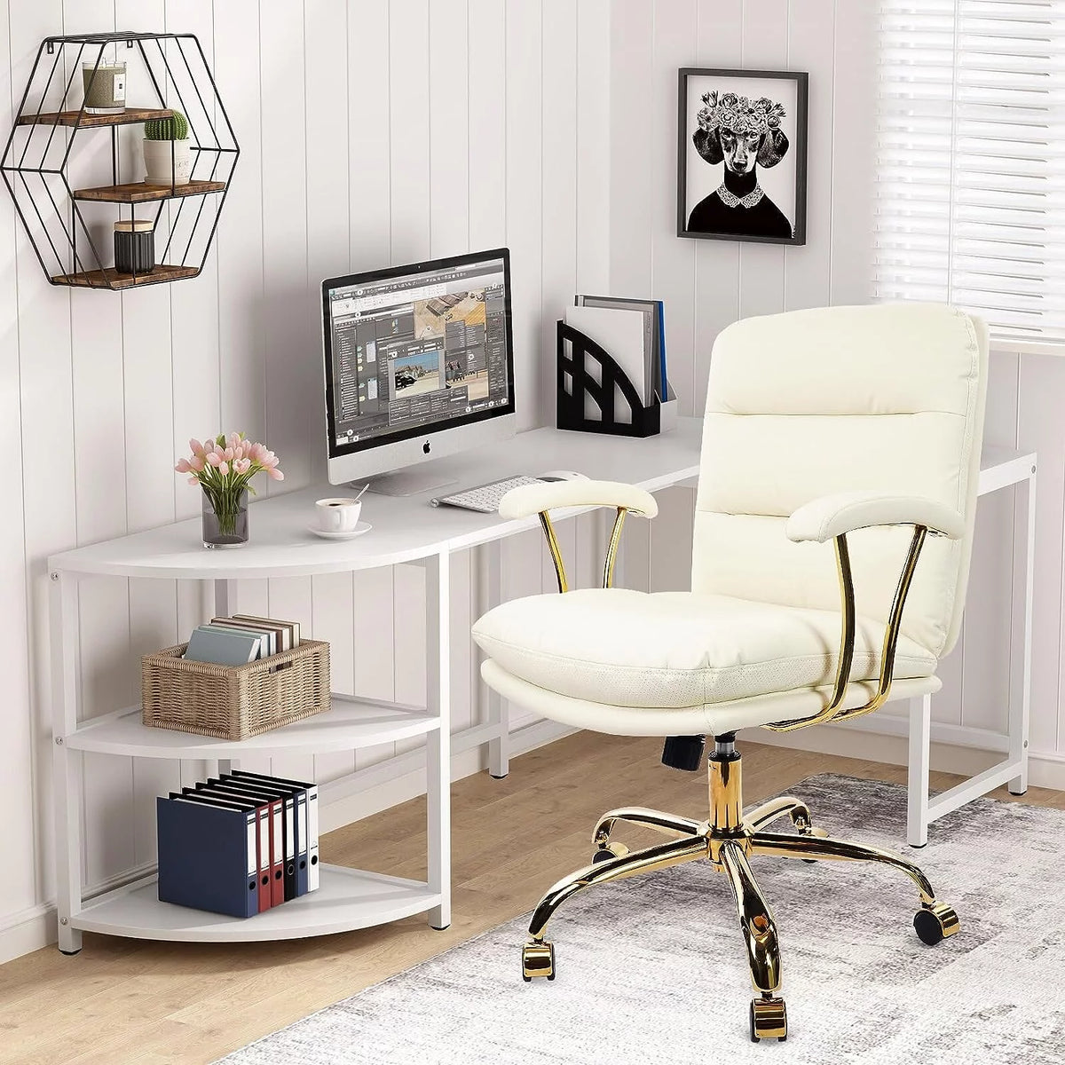 White Ergonomic Faux Leather Office Chair with Wheels and Arms R1206