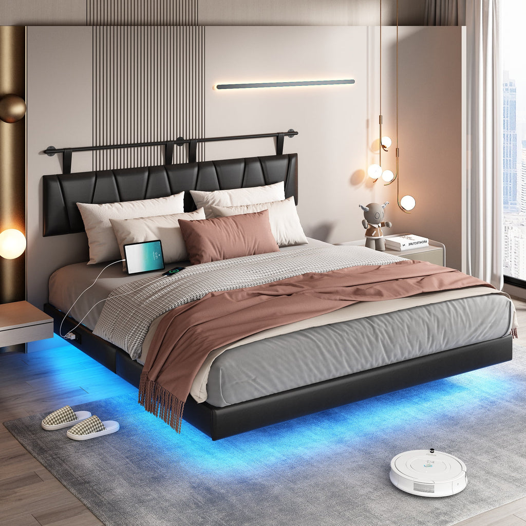 King Size Floating Upholstered Platform Bed with LED Light & Power Charging Station B42003