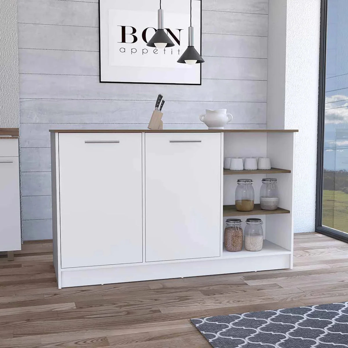 White Dark Brown Kitchen Island with Two Cabinets and Three Open Shelves K3197