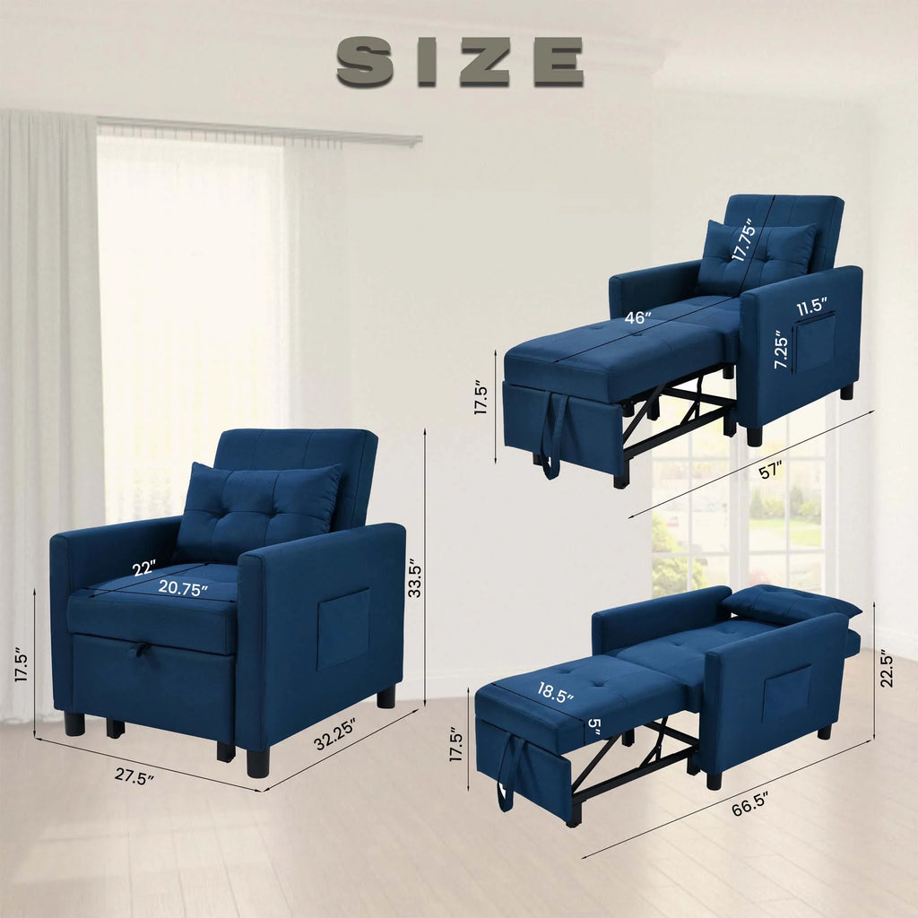 Blue Convertible Single Sofa Bed with Pull Out Sleeper Y244688