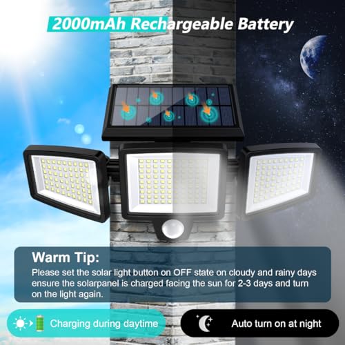 2500LM 210 LED Solar Motion Sensor Flood Lights IP65 Waterproof 3 Heads 2 Packs D63571