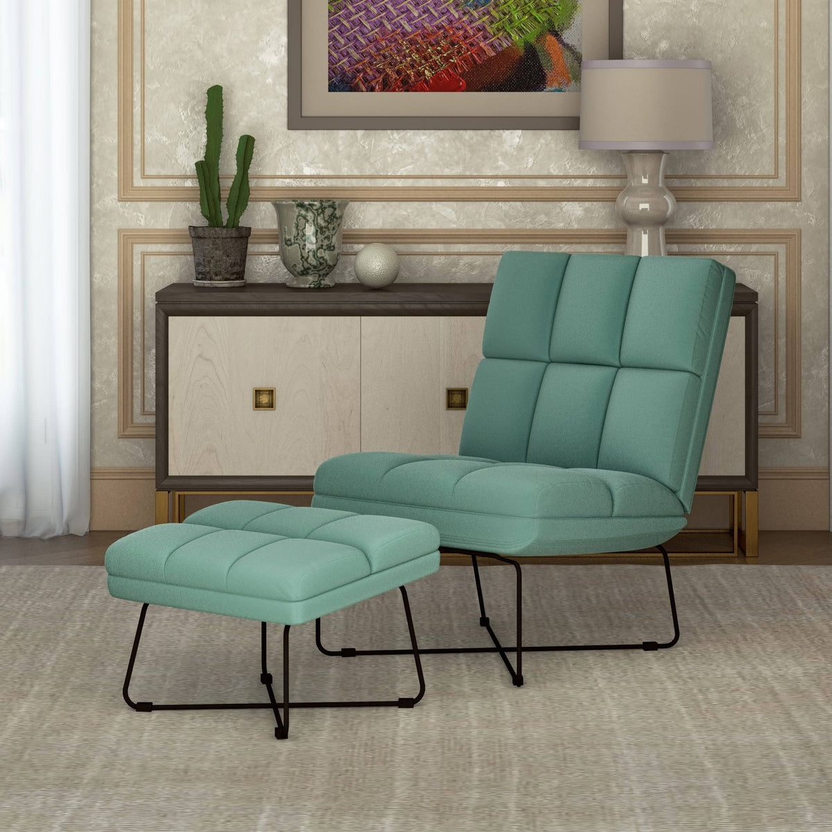 Turquoise Blue Armless Chair and Ottoman K278058