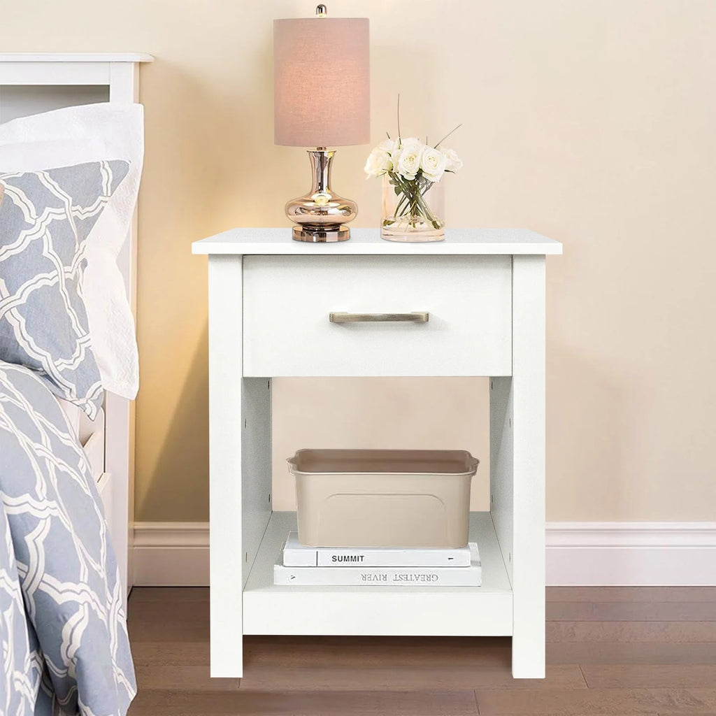White Wooden Nightstand with Drawer V6750
