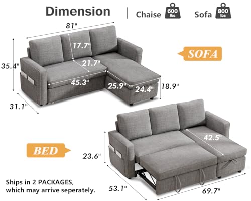 Dark Grey Sleeper Sofa Bed with Reversible Storage Chaise O65282
