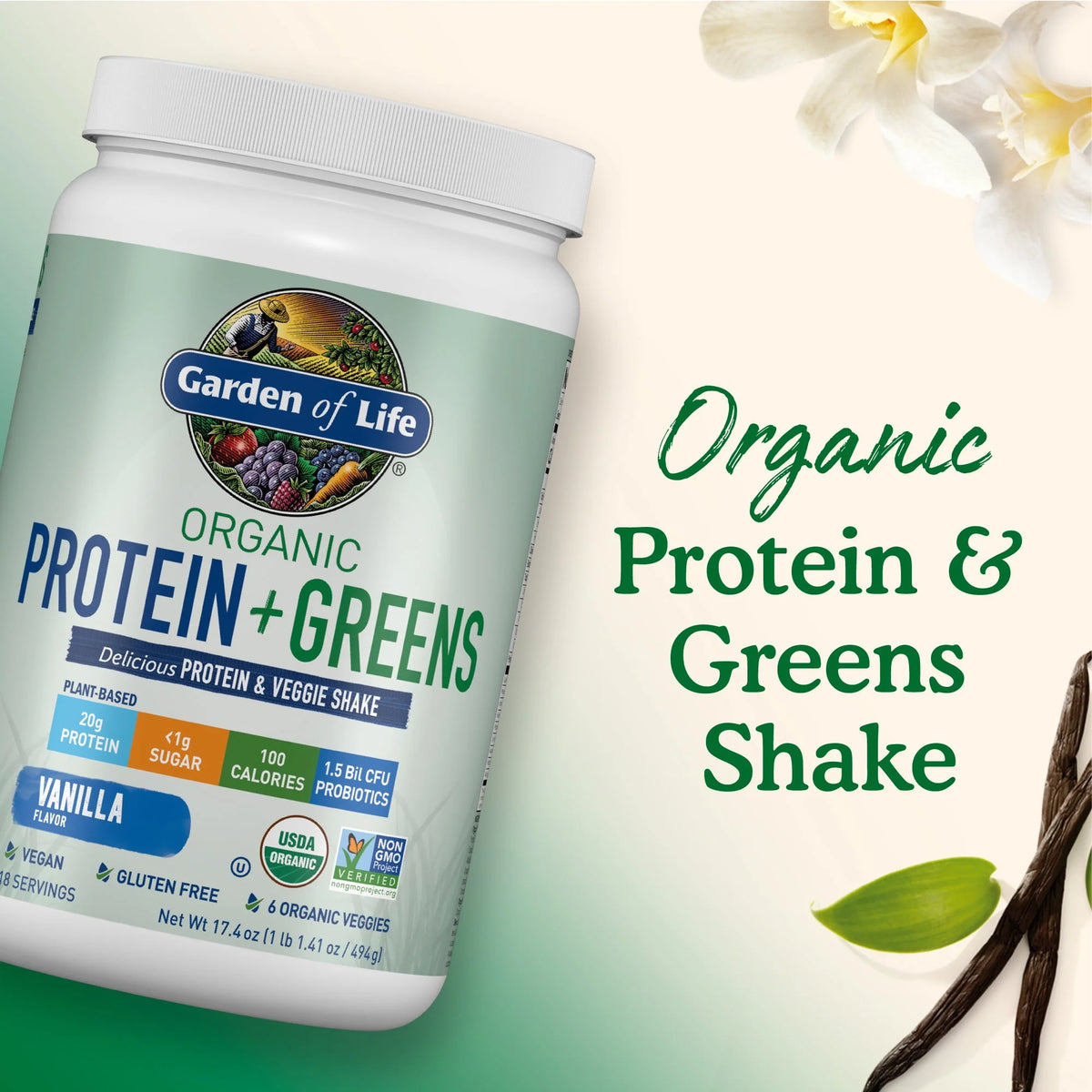 Organic Plant Protein & Greens Powder Vanilla Shake 20g Protein 1.1lb O487814