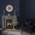 Cobalt Damask Flock Wallpaper C37264