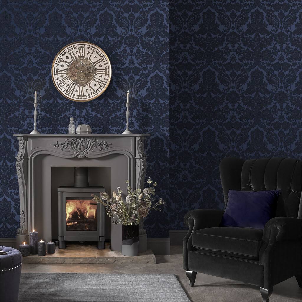 Cobalt Damask Flock Wallpaper C37264