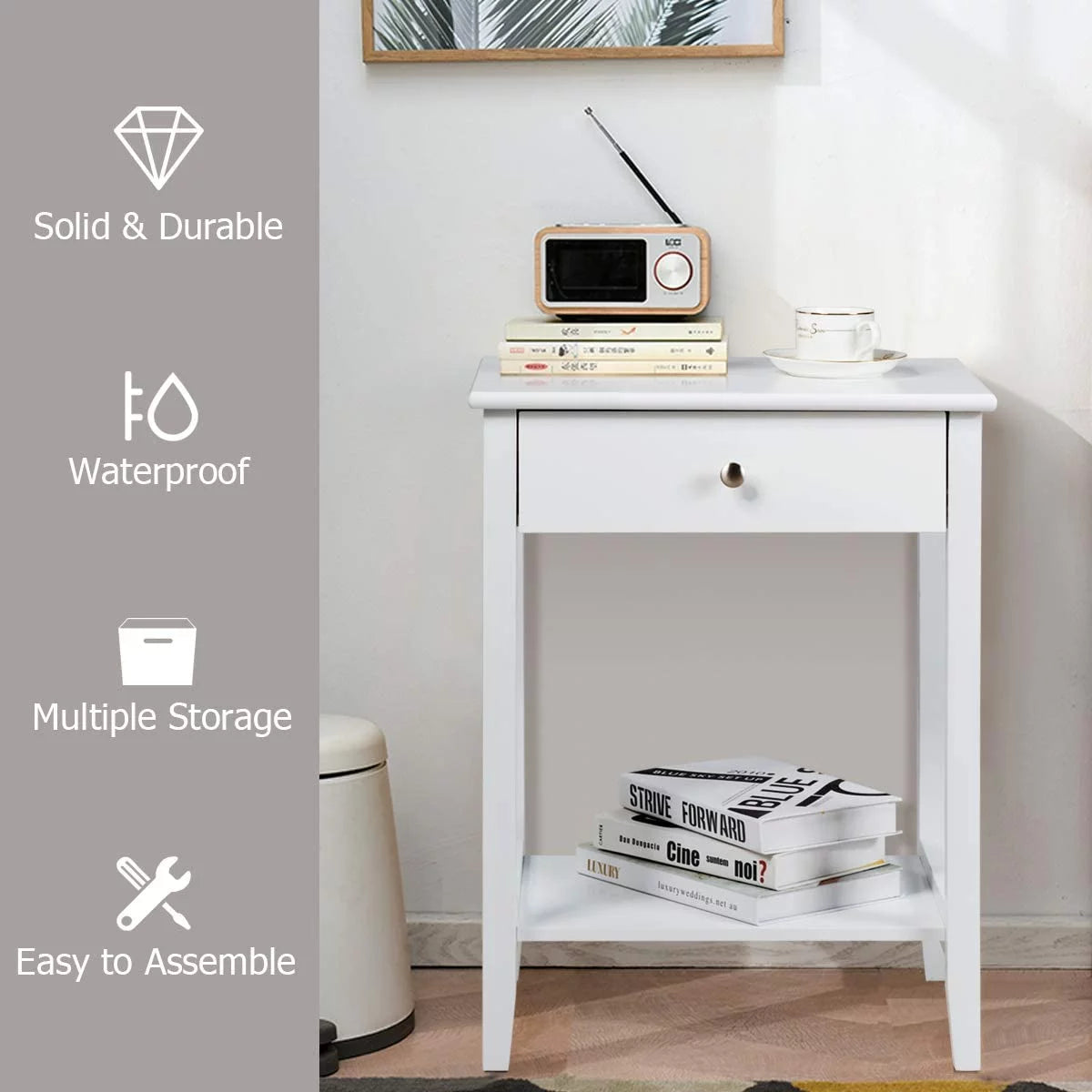 White 2-Tier Wooden Nightstand with Drawer D69561