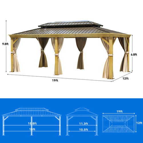 12x20ft Hardtop Gazebo with Nettings and Curtains, Wood Grain Double Roof Galvanized Steel U723863
