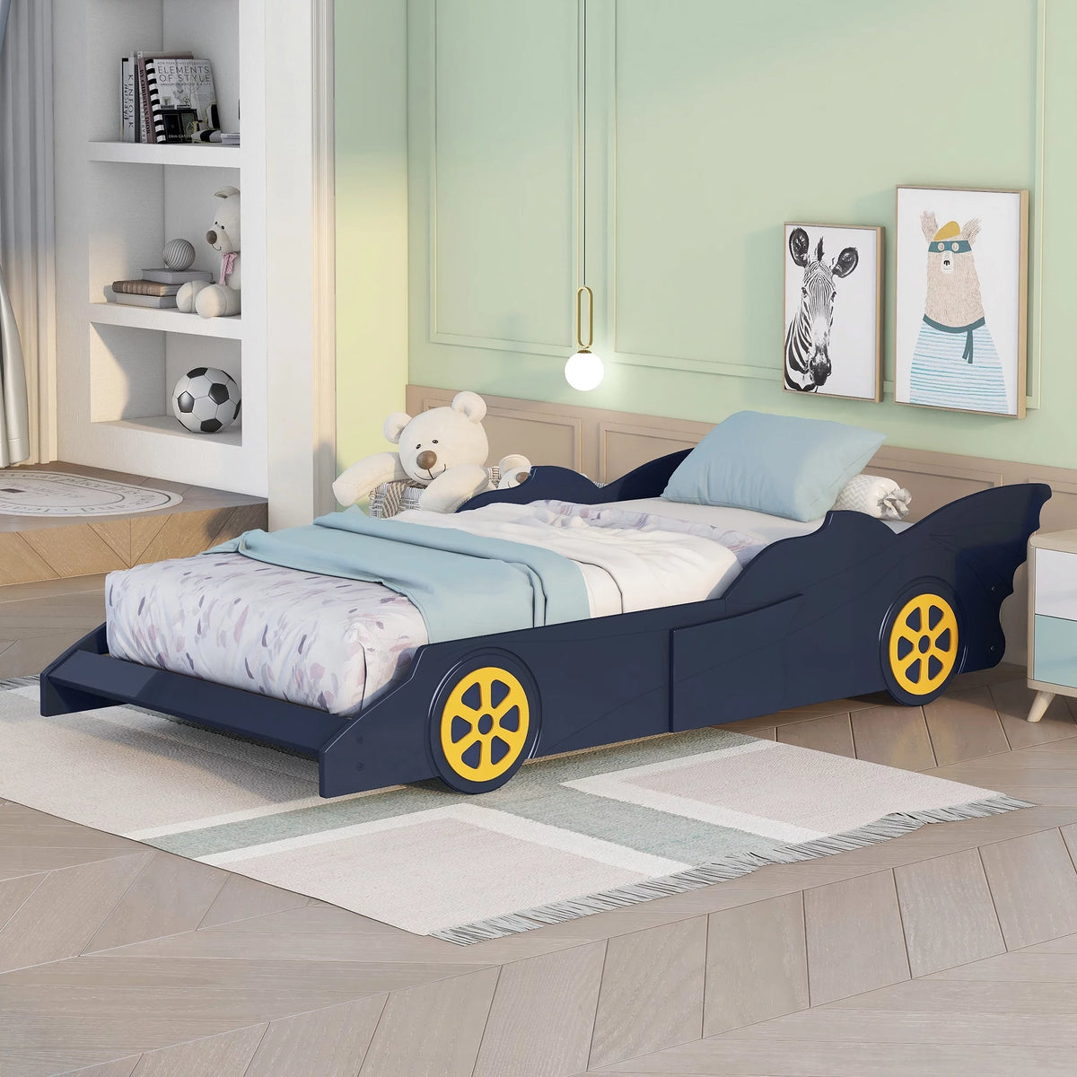 Wood Race Car-Shaped Twin Size Platform Bed E78768