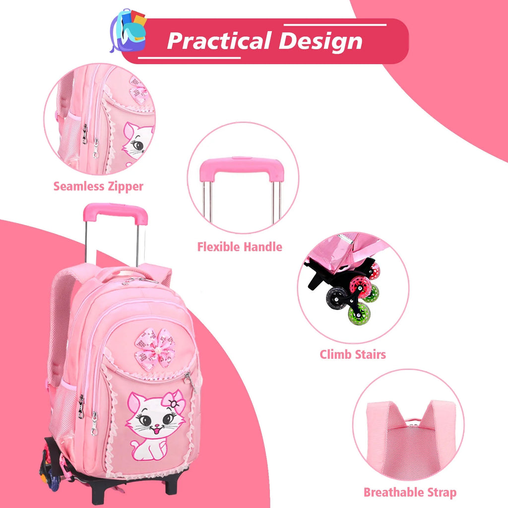 Pink Kids Rolling Backpack with Cartoon Cat M9173