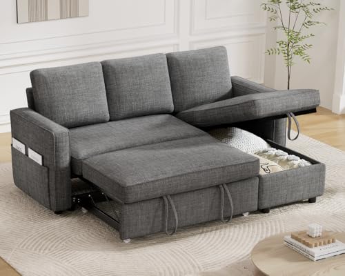 Dark Grey Sleeper Sofa Bed with Reversible Storage Chaise O65282