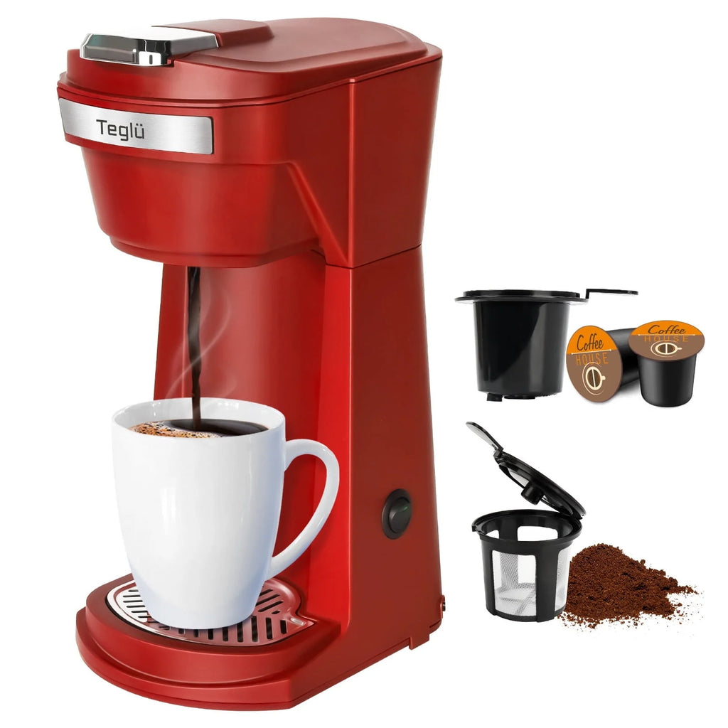2 in 1 Single Serve Coffee Maker with Reusable Filters, Red O323