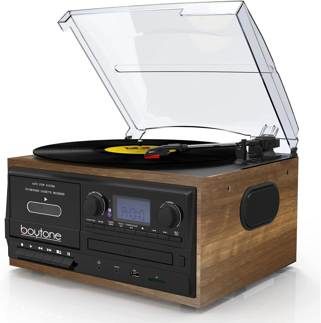 Bluetooth Record Player Turntable with AM/FM Radio, Cassette, CD Player, 2 Built in Speaker, SD Slot, USB, AUX J640121