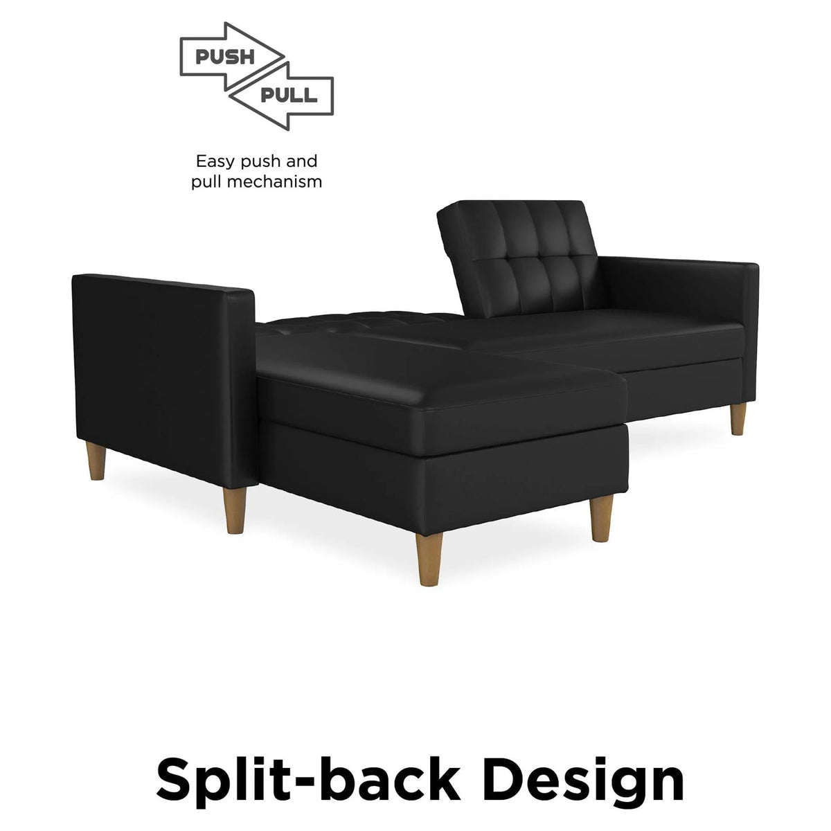 Black Faux Leather Reversible Sectional Futon with Chaise R135849