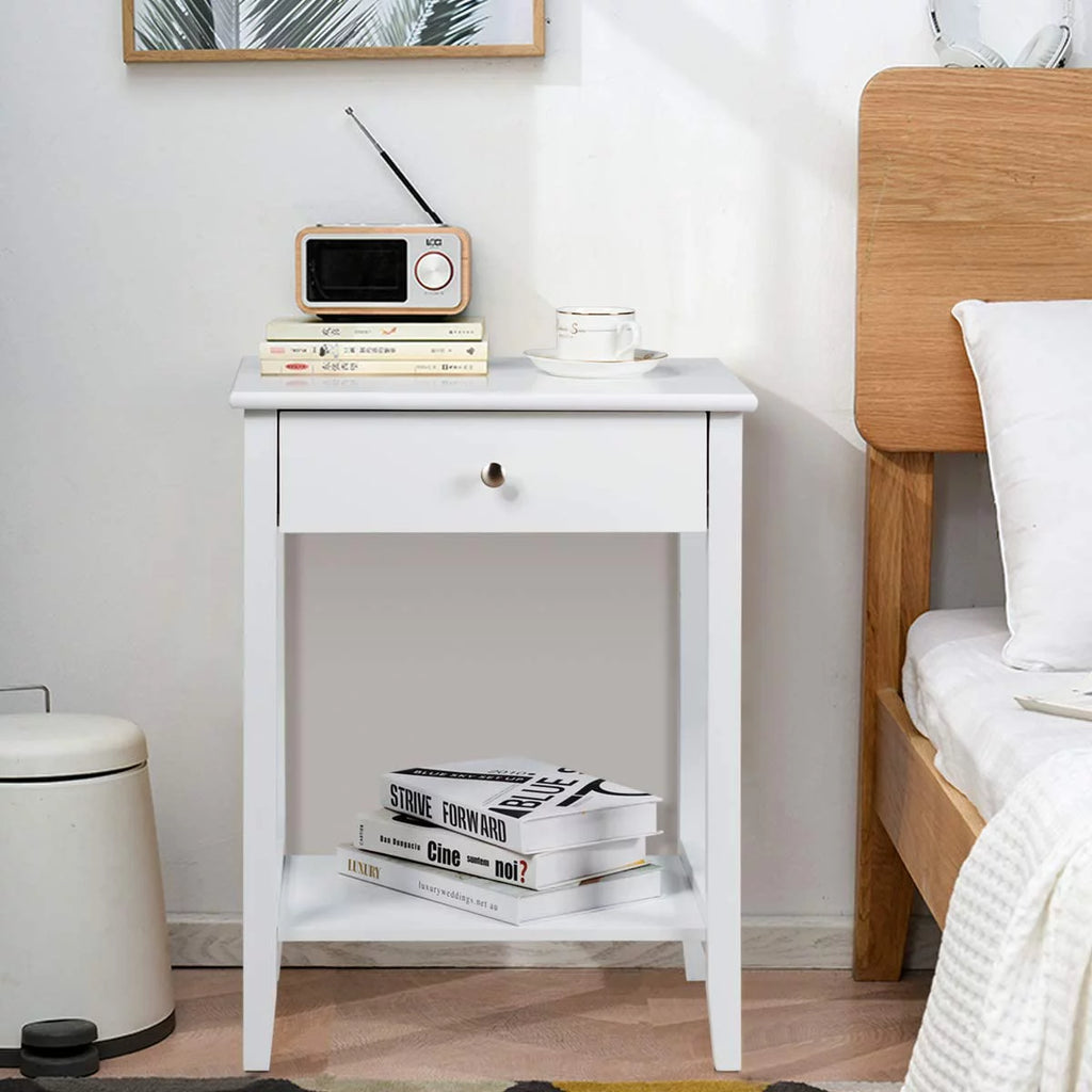 White 2-Tier Wooden Nightstand with Drawer D69561