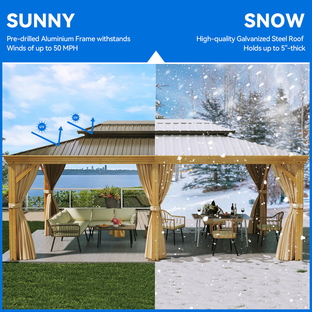 12x20ft Hardtop Gazebo with Nettings and Curtains, Wood Grain Double Roof Galvanized Steel U723863