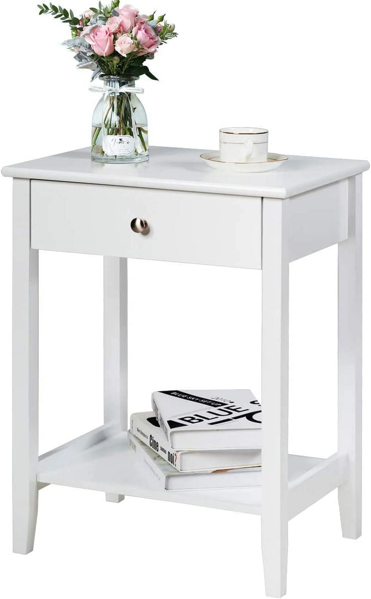 White 2-Tier Wooden Nightstand with Drawer D69561