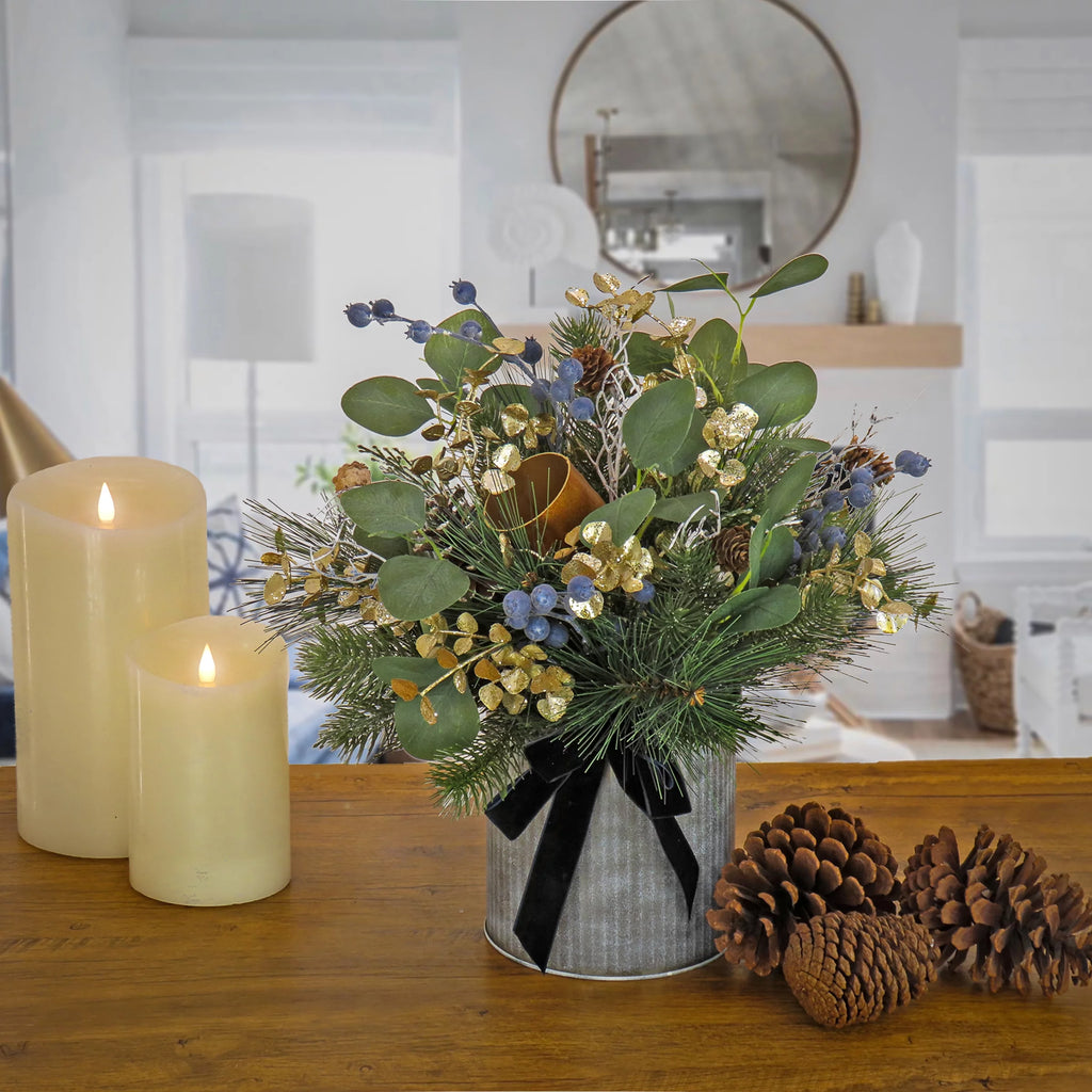 Blue 17in Artificial Arrangement with Pinecones Berries Bells and Metal Pot Base B481144