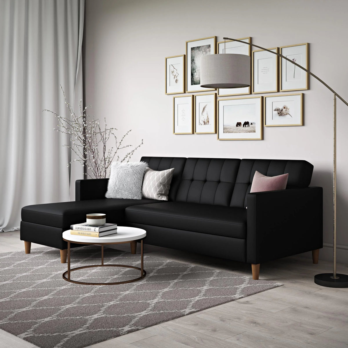 Black Faux Leather Reversible Sectional Futon with Chaise R135849