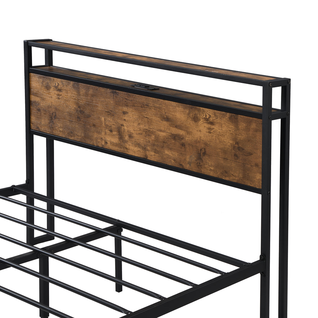 King Size Metal Platform Bed Frame with Wooden Headboard and Footboard Y28532