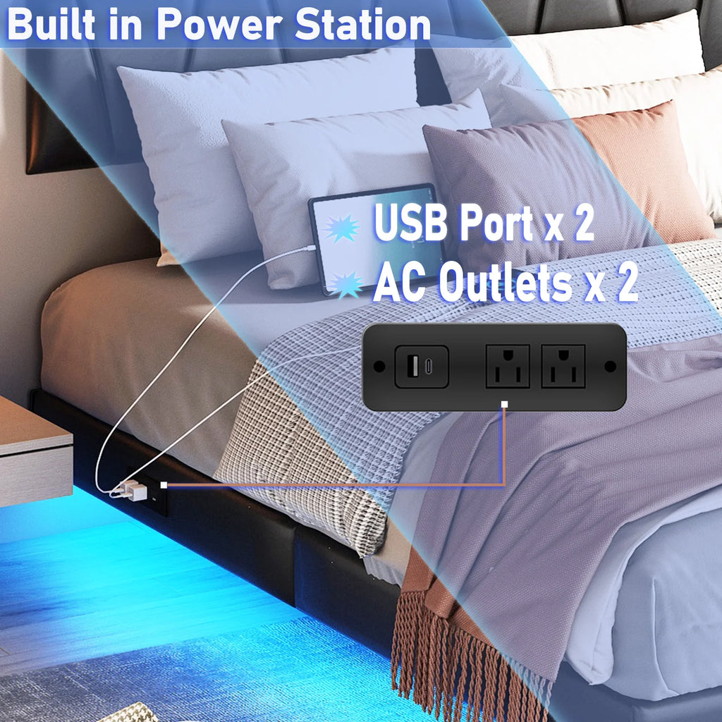 King Size Floating Upholstered Platform Bed with LED Light & Power Charging Station B42003