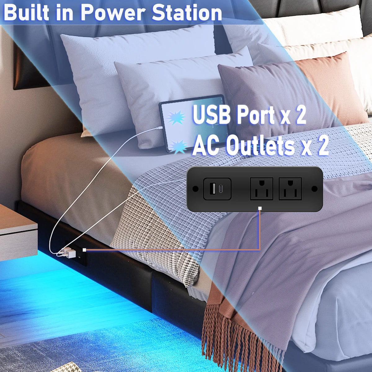 King Size Floating Upholstered Platform Bed with LED Light & Power Charging Station B42003