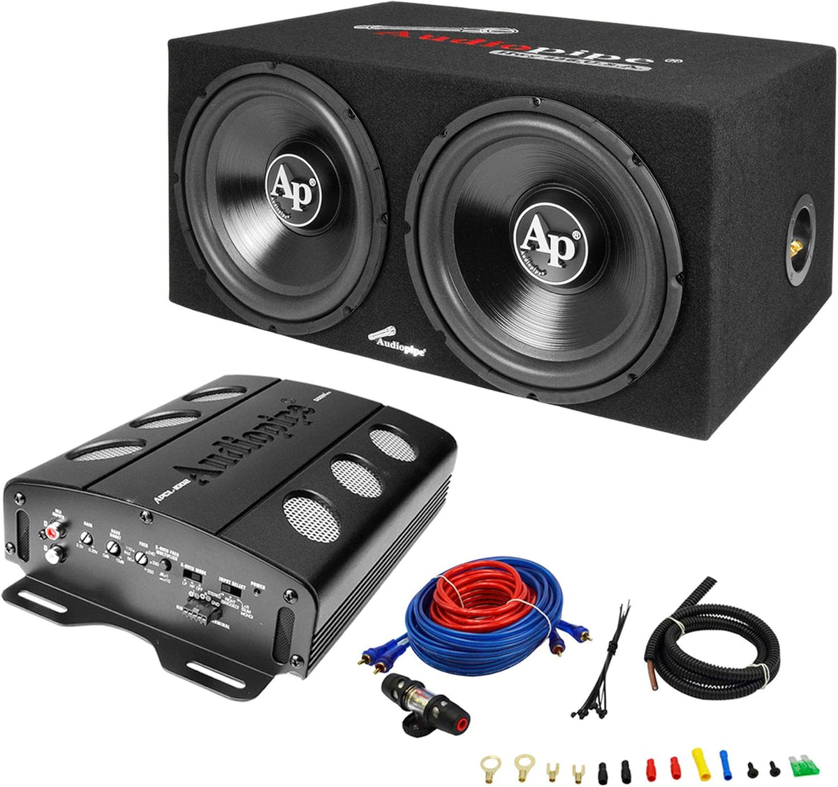 Dual 12 Inch Car Audio Subwoofer Speakers and Sealed Enclosure, 2 Channel 500 Watt Amplifier, and Wire Installation Kit B12961