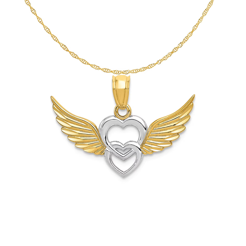 14K Two-Tone Gold Rhodium Plating Heart With Wings Pendant on 16 Inch 14K Gold Rope Chain Necklace E61027