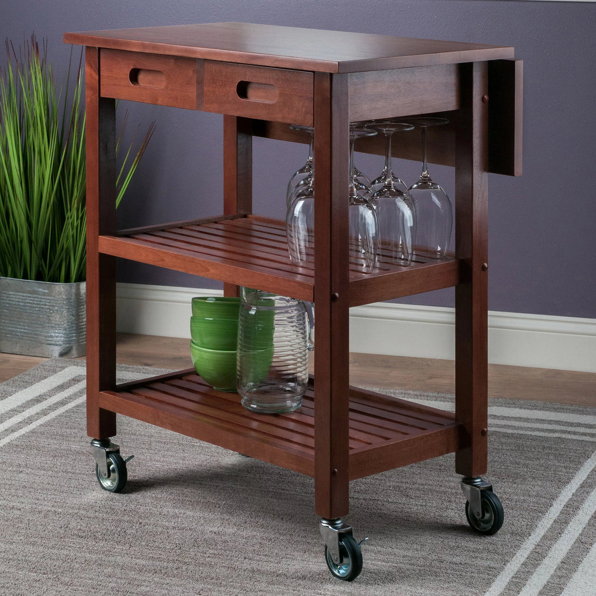 Walnut Drop Leaf Wood Kitchen Utility Cart T76572