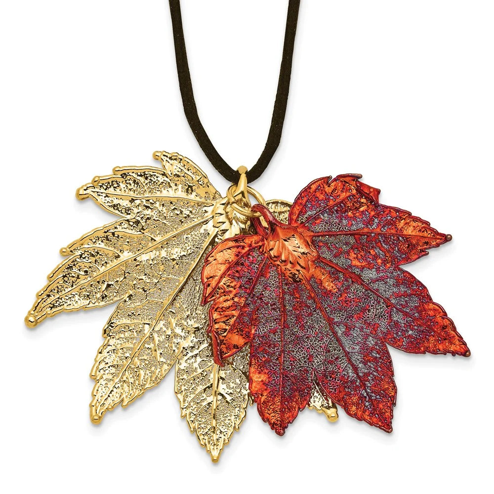 24k Gold Maple Leaves Leather Cord Necklace X3347