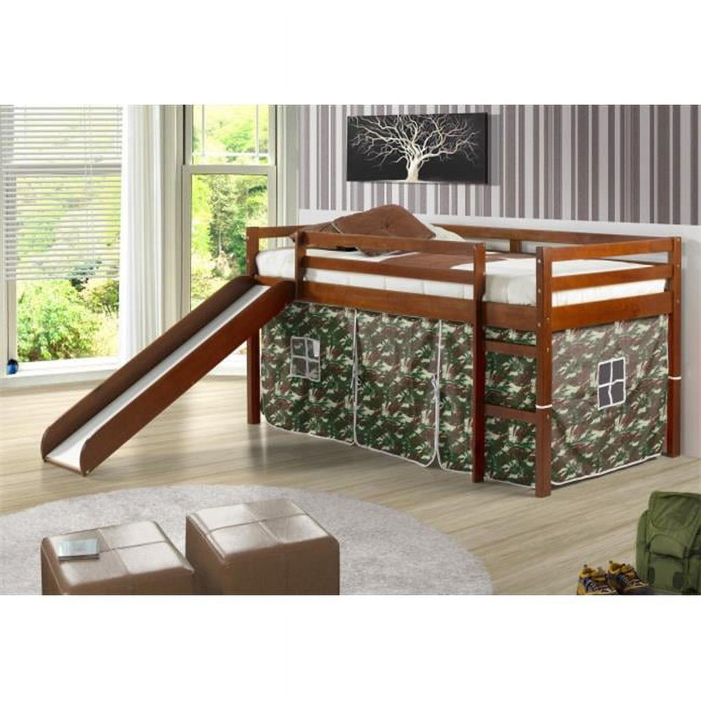 Twin Size Tent Loft with Slide & Slat-Kits Mattress Ready Light Espresso & Camo C67168