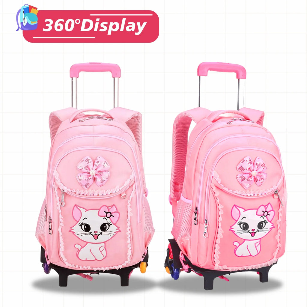 Pink Kids Rolling Backpack with Cartoon Cat M9173
