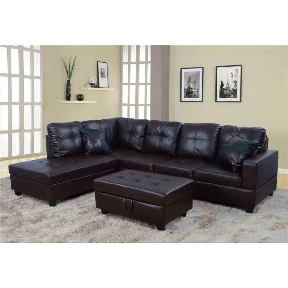 Brown Faux Leather 3 Piece Left Facing Sectional Sofa Set J29050