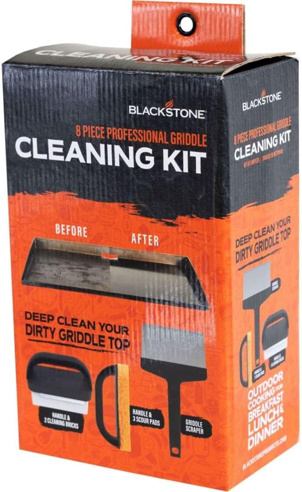 Blackstone 600D Polyester Heavy Duty Flat Top Gas Grill Cover, Black & 8 Pieces Flat Top Grill Accessories Cleaner Tool Set, Black Pack of 2 R5651