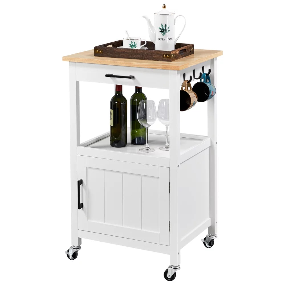 White Rolling Kitchen Island Cart with Wood Top T4504