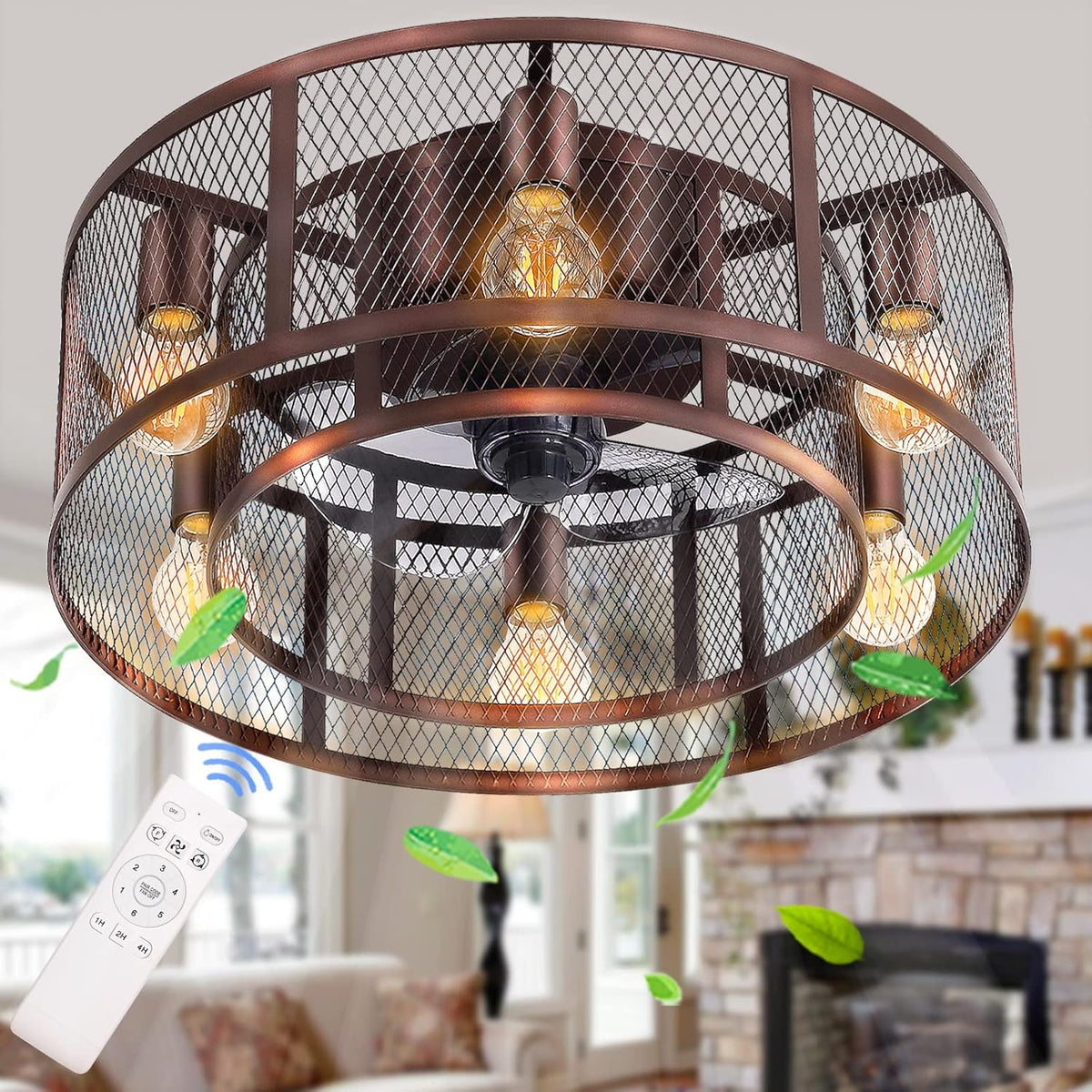 42'' Industrial Black Caged Flush Mount Ceiling Fan with Lights Remote Control N418671