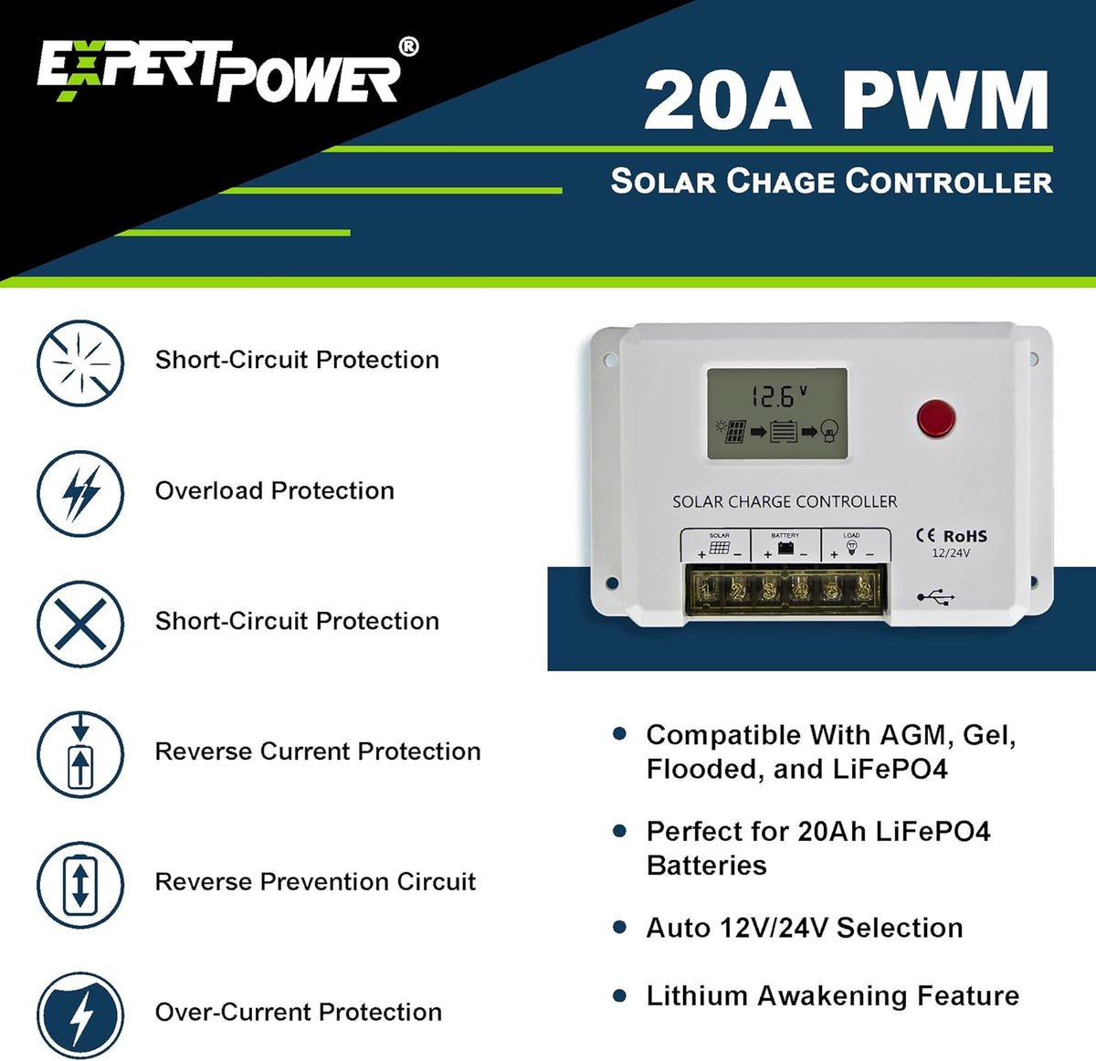 200W 12V Mono Rigid Solar Panel Kit with 20A PWM Charge Controller Q775116