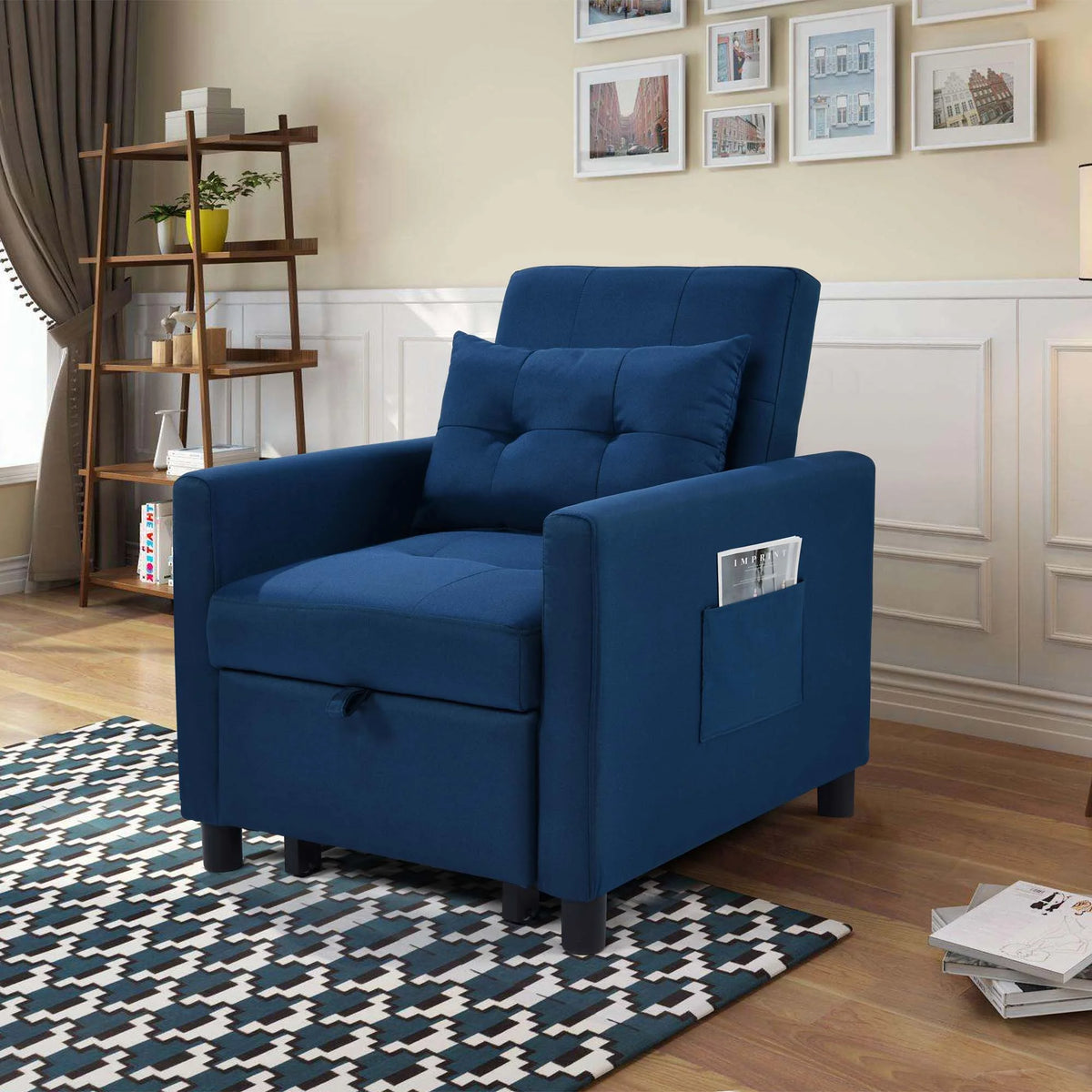 Blue Convertible Single Sofa Bed with Pull Out Sleeper Y244688