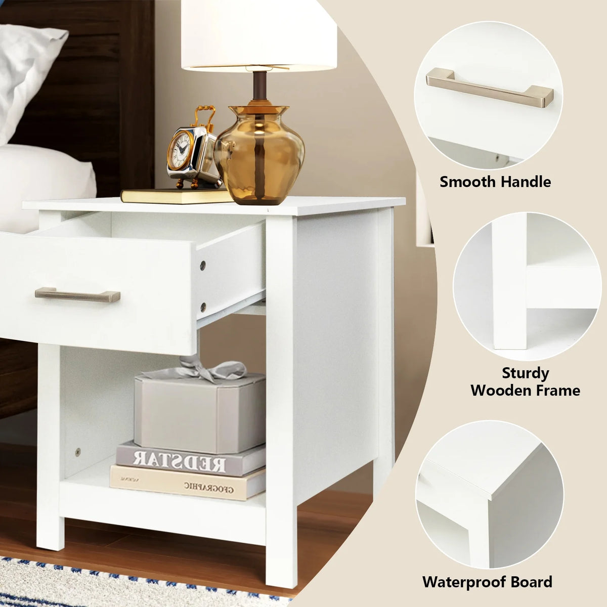 White Wooden Nightstand with Drawer V6750