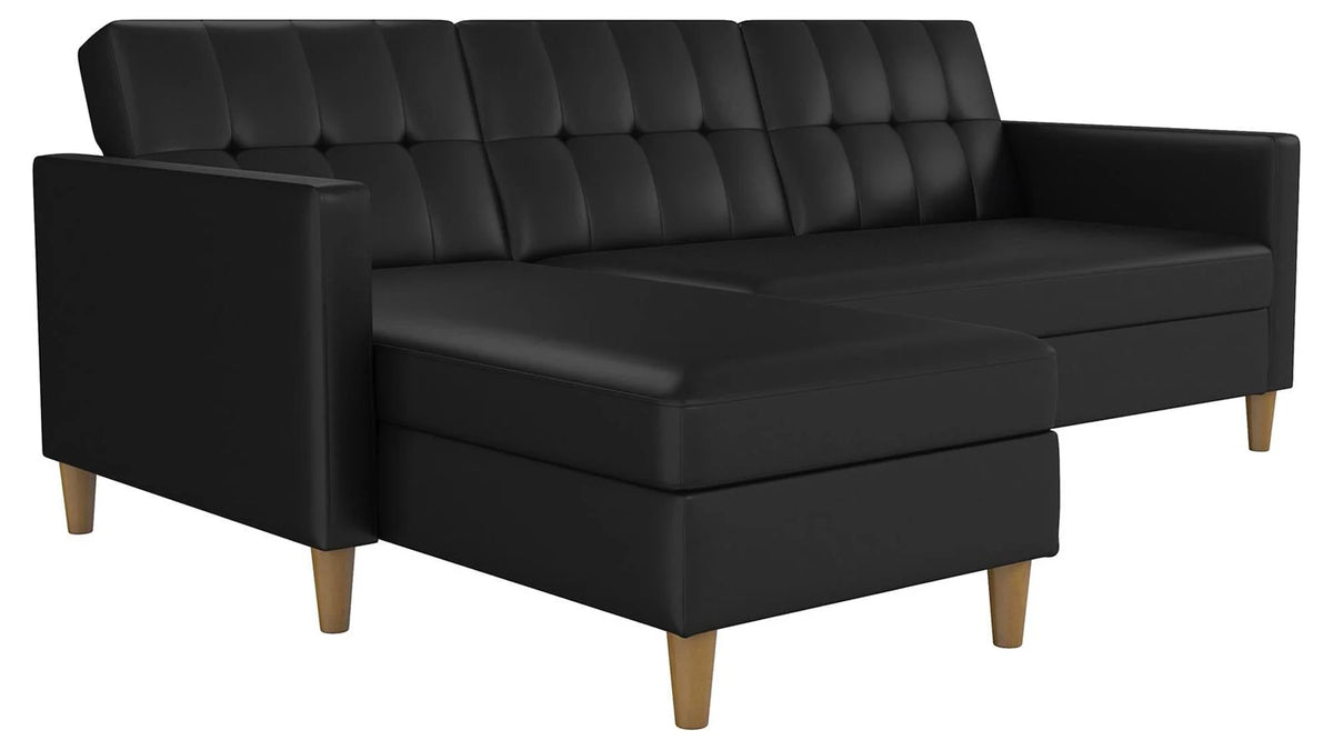 Black Faux Leather Reversible Sectional Futon with Chaise R135849
