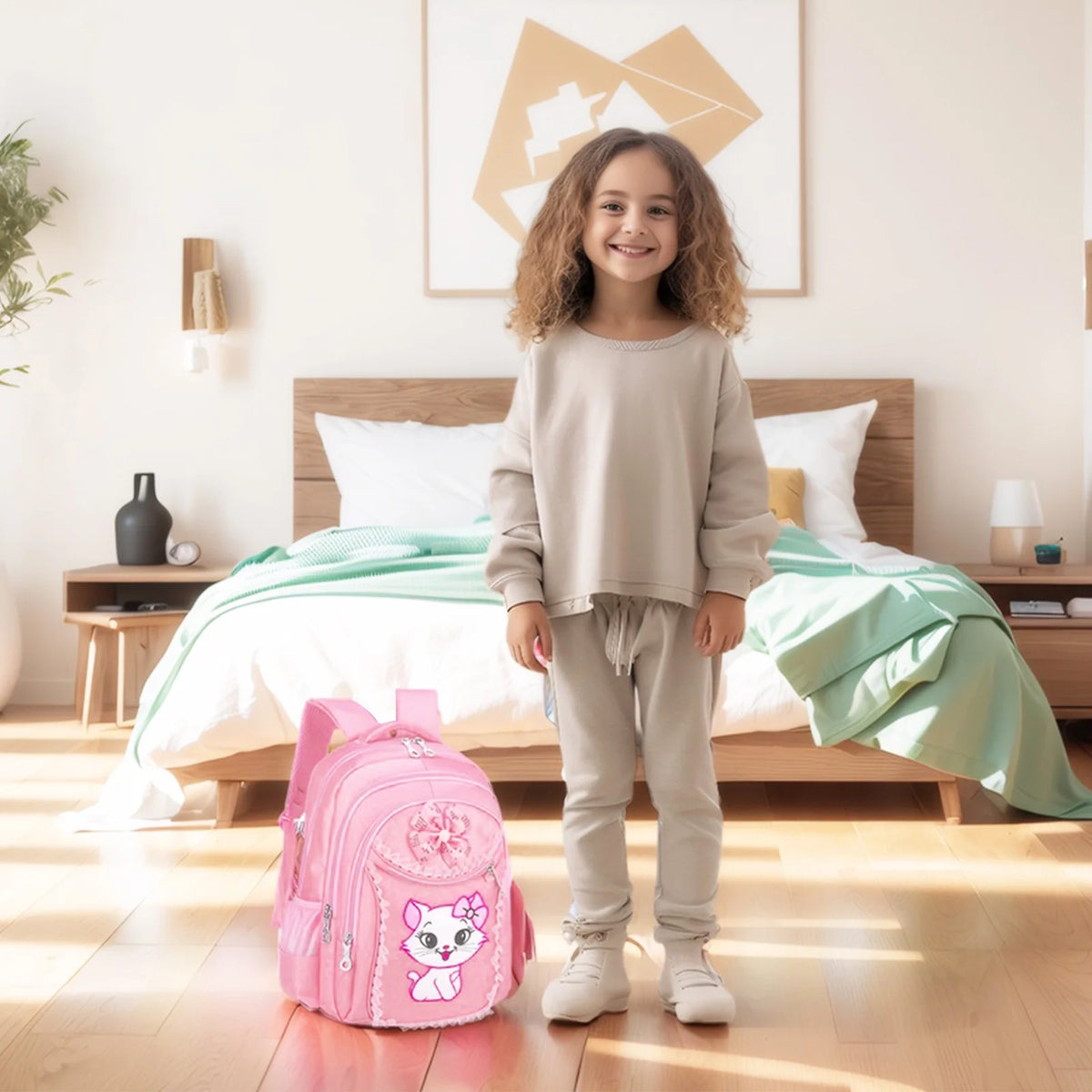 Pink Kids Rolling Backpack with Cartoon Cat M9173
