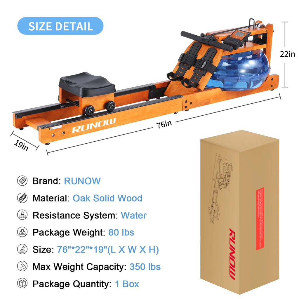 Water Rowing Machine with LCD Monitor 350 LB Wood Rower E348614