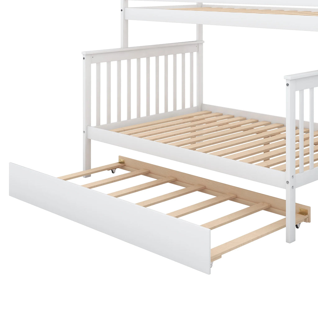 Twin Over Full Bunk Bed with Trundle and Stairs, White O285