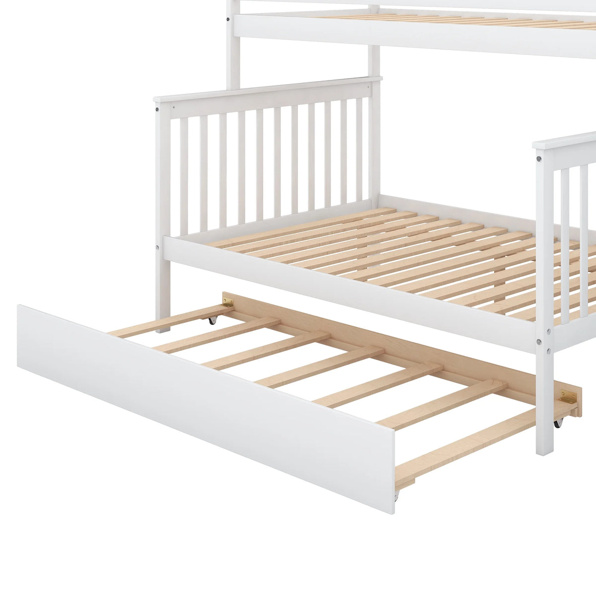 Twin Over Full Bunk Bed with Trundle and Stairs, White O285