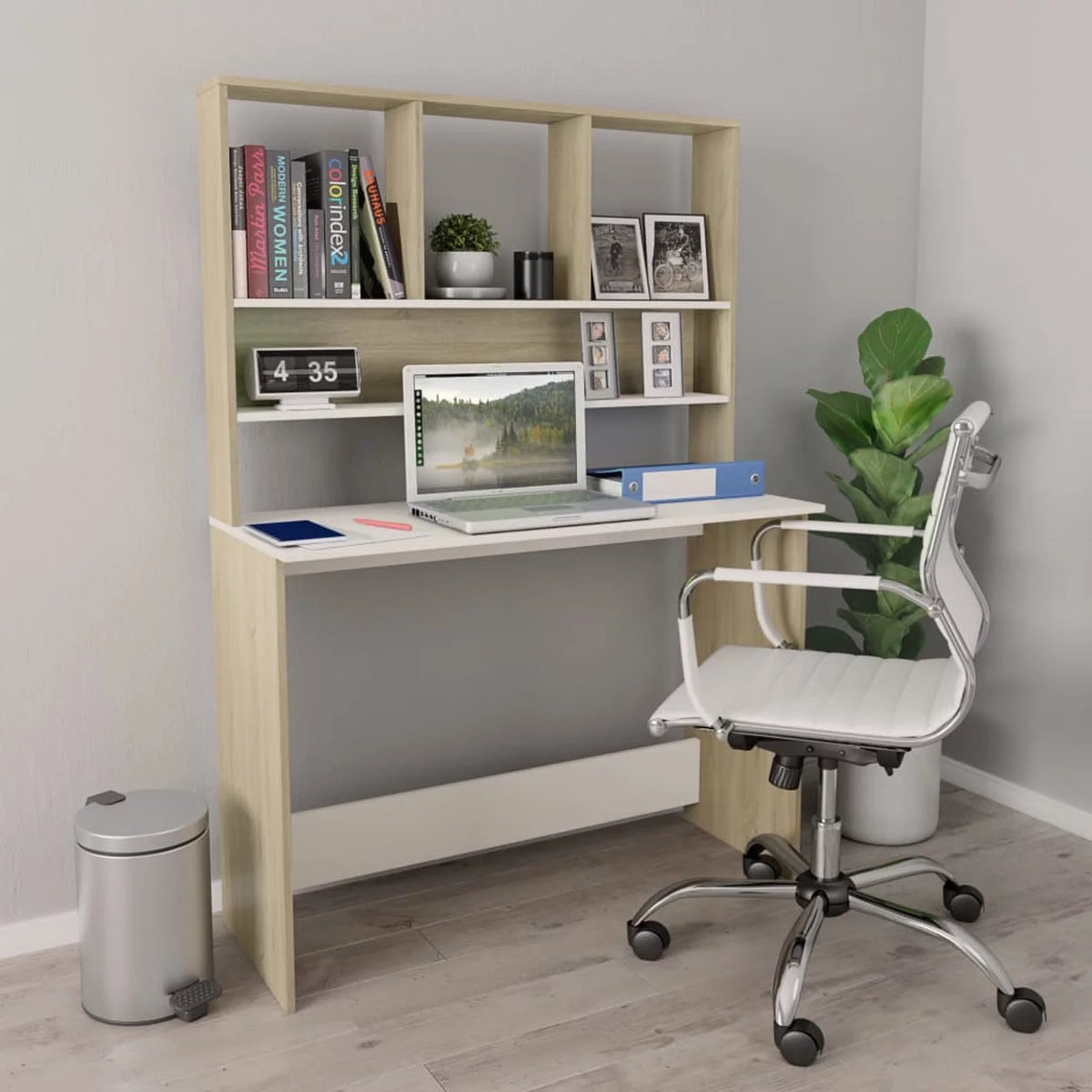 White and Sonoma Oak Engineered Wood Desk with Shelves I899