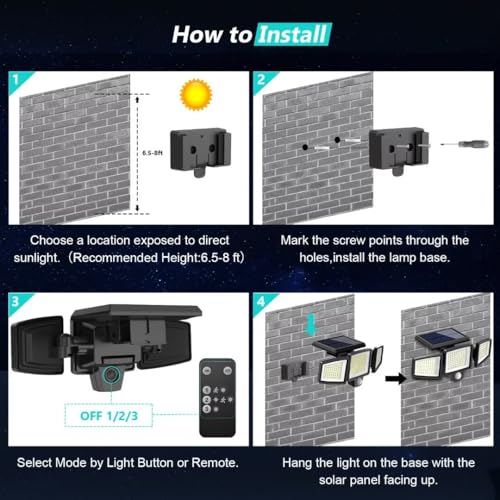 2500LM 210 LED Solar Motion Sensor Flood Lights IP65 Waterproof 3 Heads 2 Packs D63571